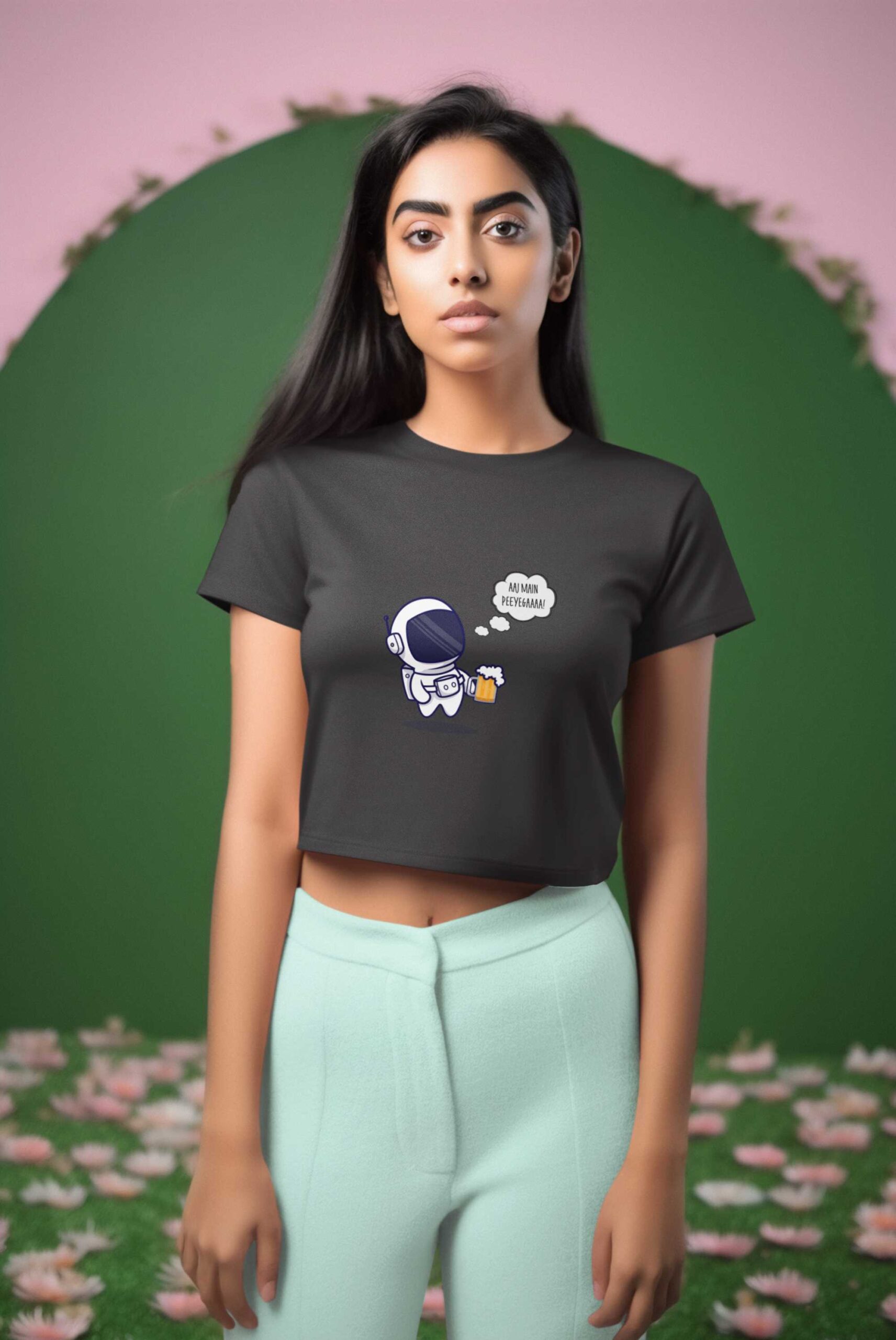floral-themed-mockup-featuring-an-ai-generated-woman-wearing-a-crop-top-m33773