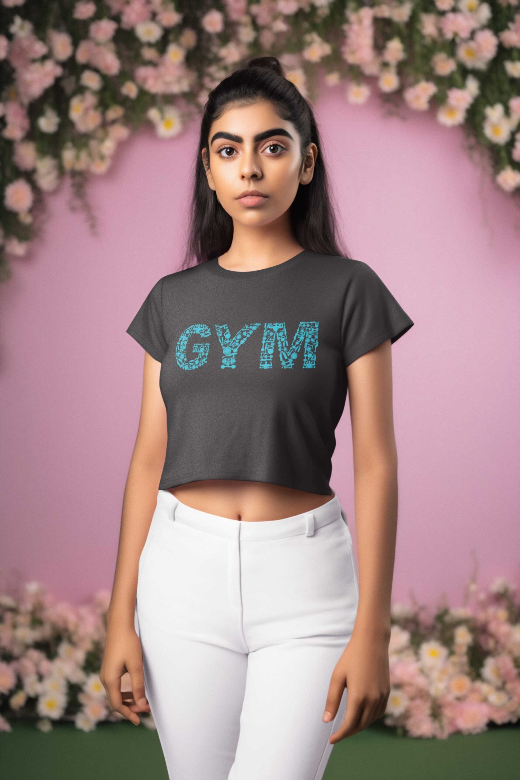 mockup-of-an-ai-generated-woman-wearing-a-crop-top-in-a-flower-decorated-setting-m33775