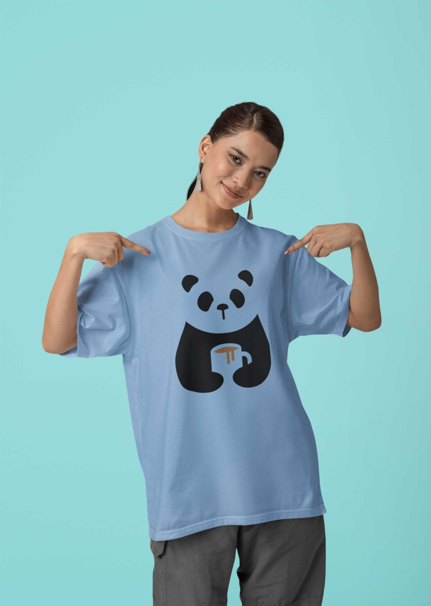 mockup-of-a-woman-pointing-at-her-blinkstore-crewneck-t-shirt-in-a-studio-m37677